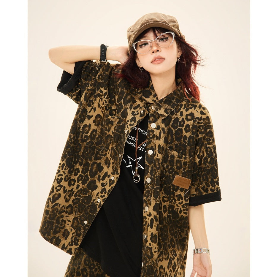 Vintage Leopard Print Short Sleeve Shirt MW9268