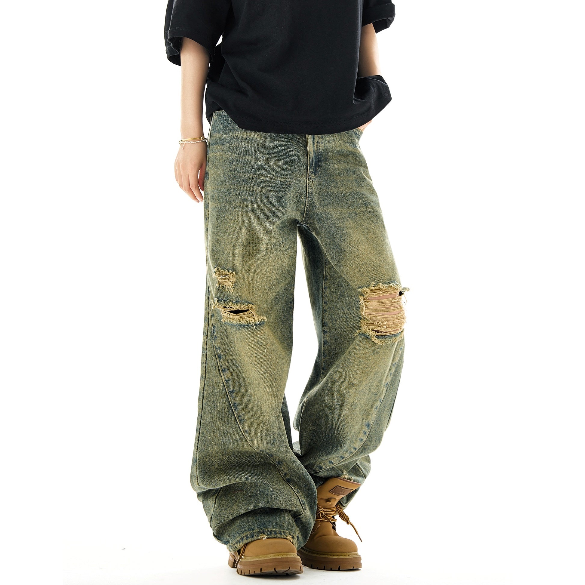 Distressed Ripped Switching Bootcut Jeans HG7101