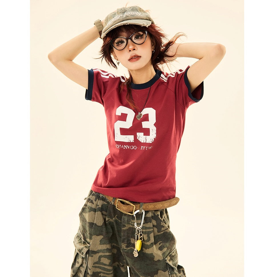 Contrast Line Sleeve Number T-shirt MW9217