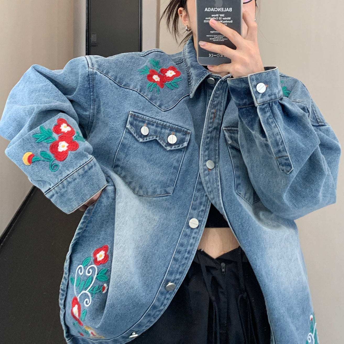 Flower Embroidered Denim Shirt Jacket MW9850