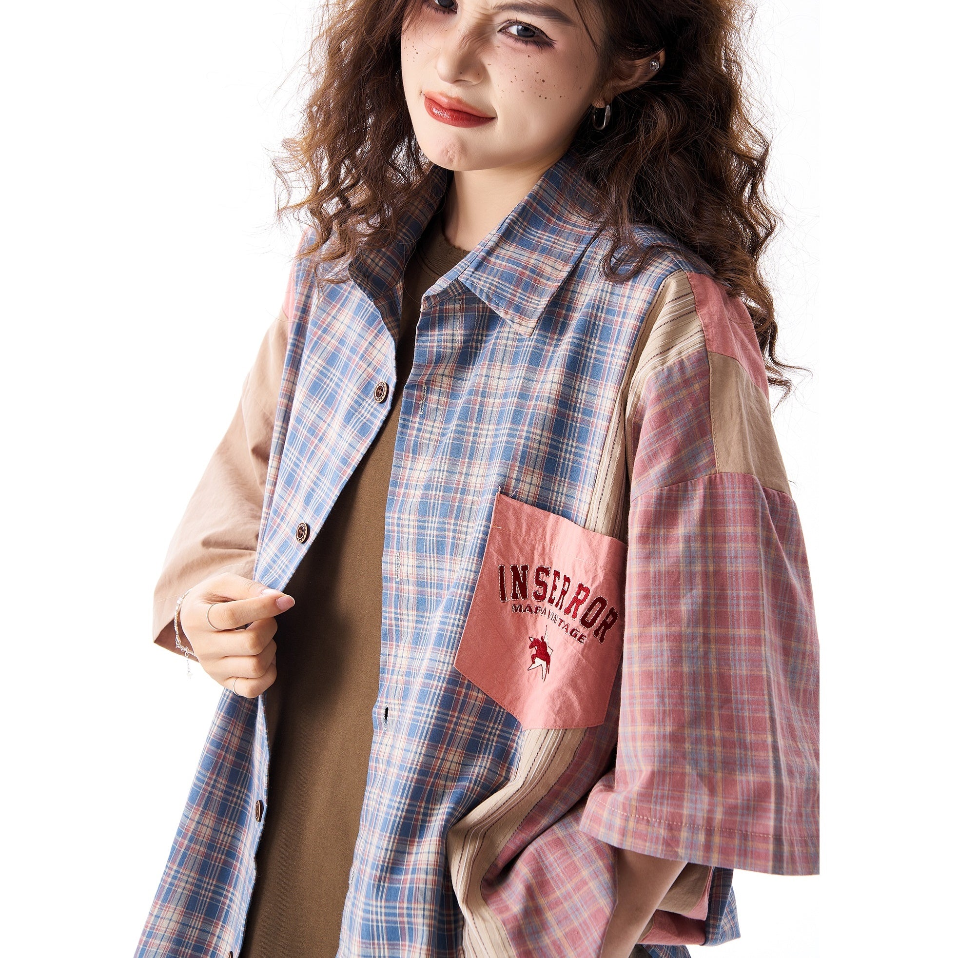 Stripe Plaid Patchwork Loose Short Sleeve Shirt HG7165