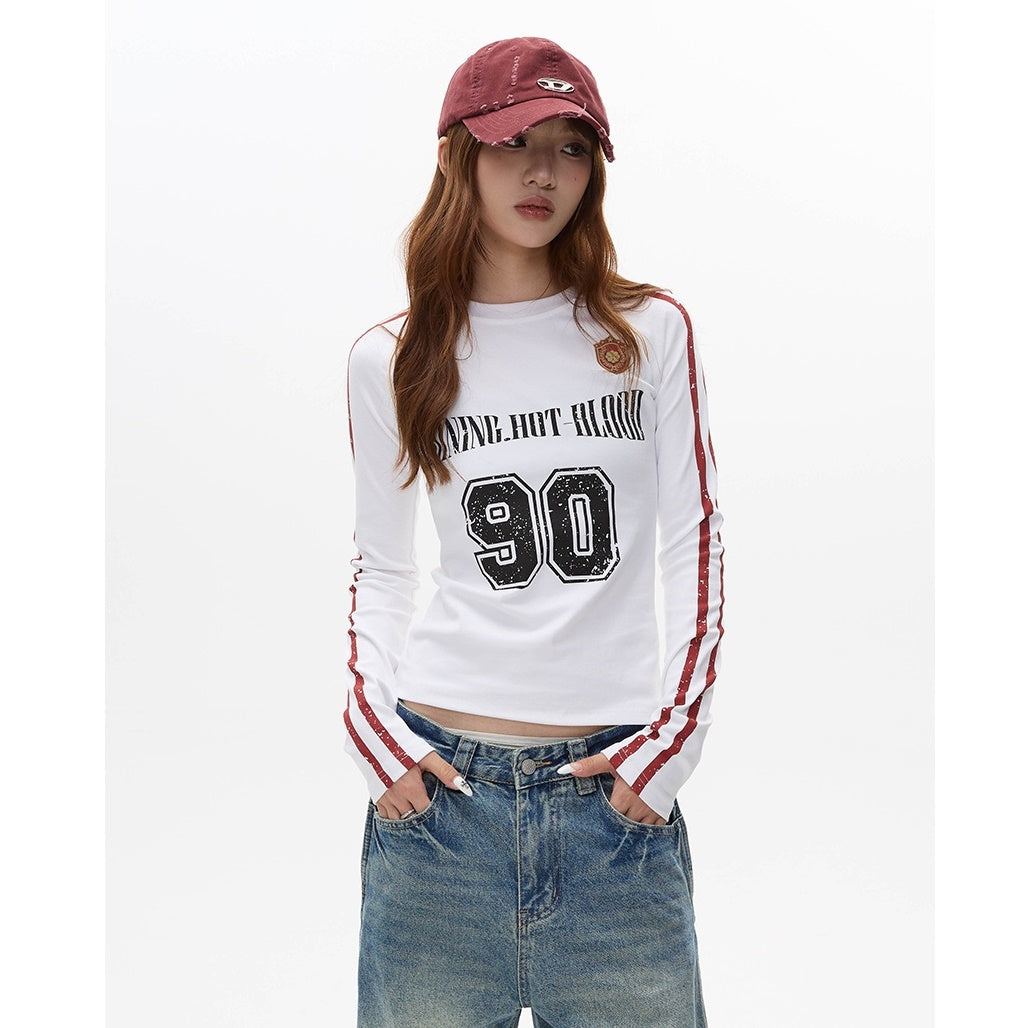 Letter Print Long Sleeve Line Slim T-shirt MW9279