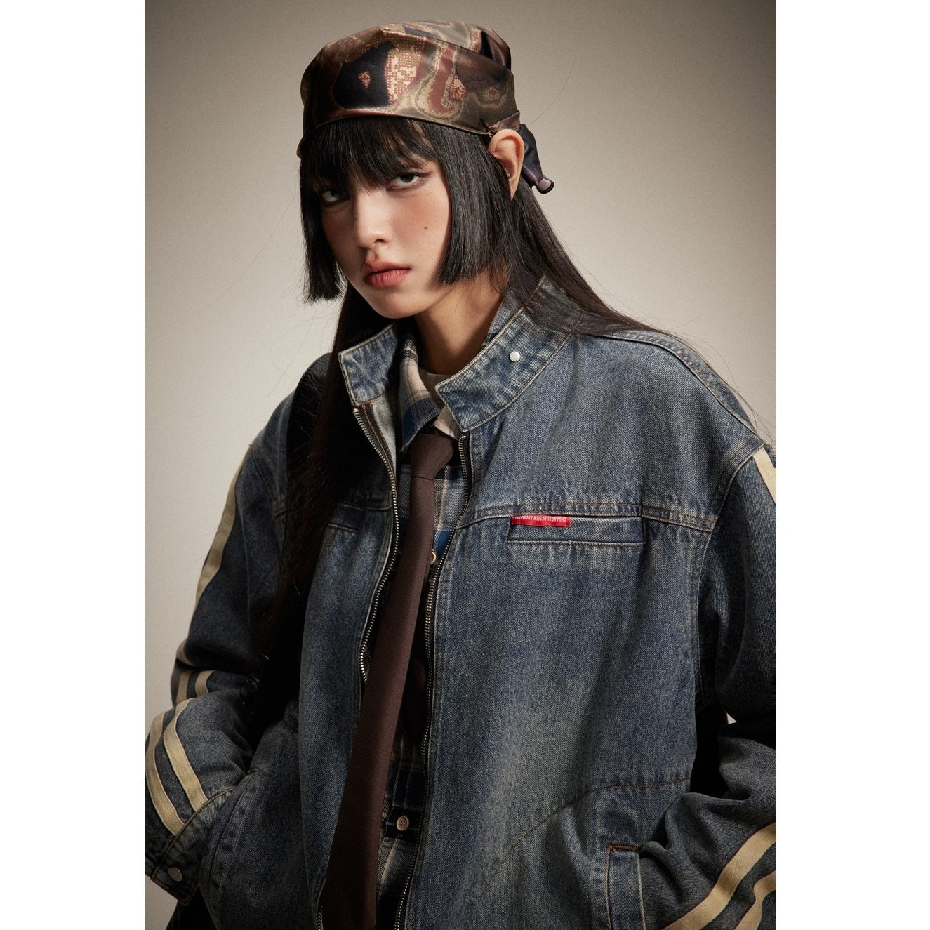 Stand Collar Vintage Wash Biker Denim Jacket SP7004