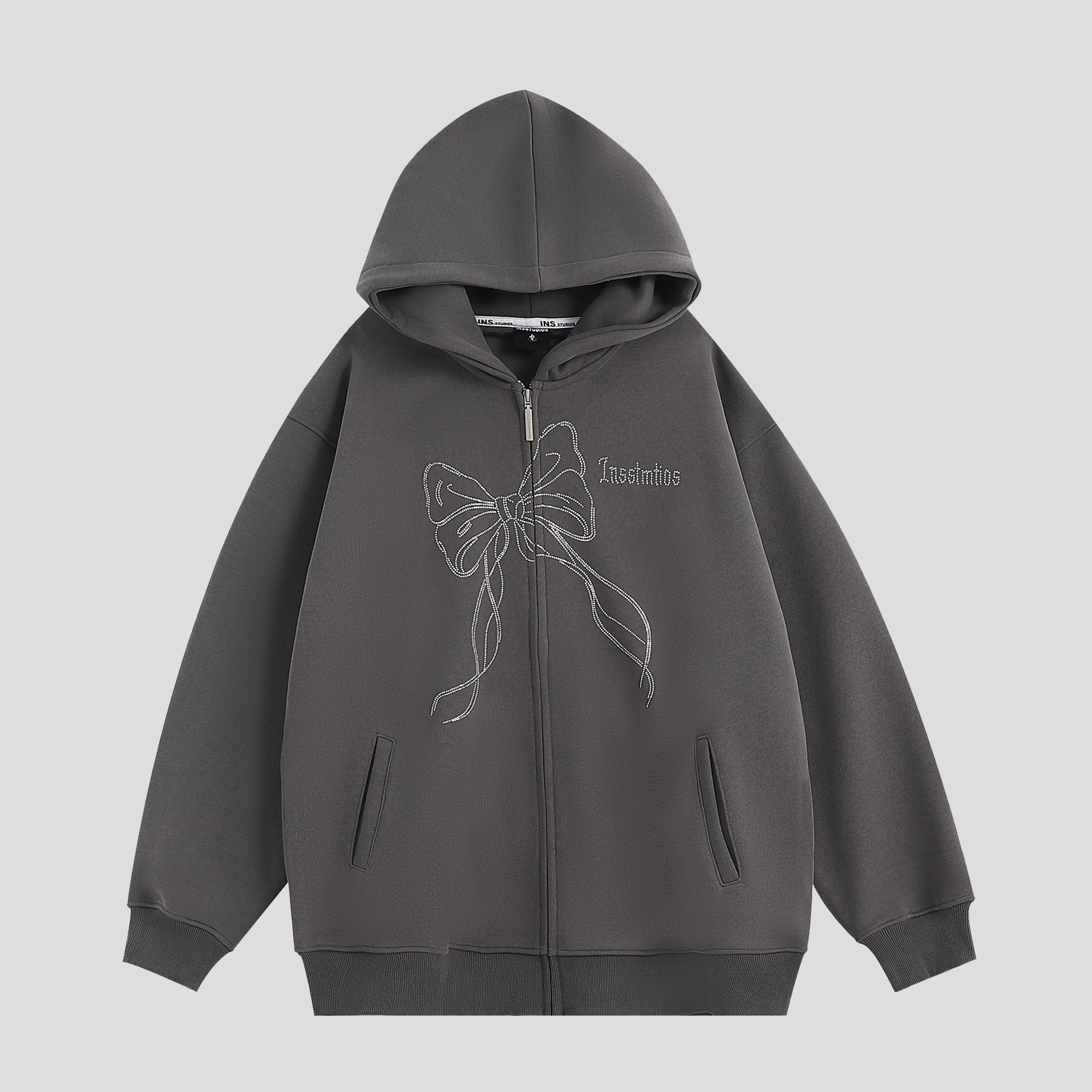 Rhinestone Bow Logo Loose Hooded Zip Parka IN7012