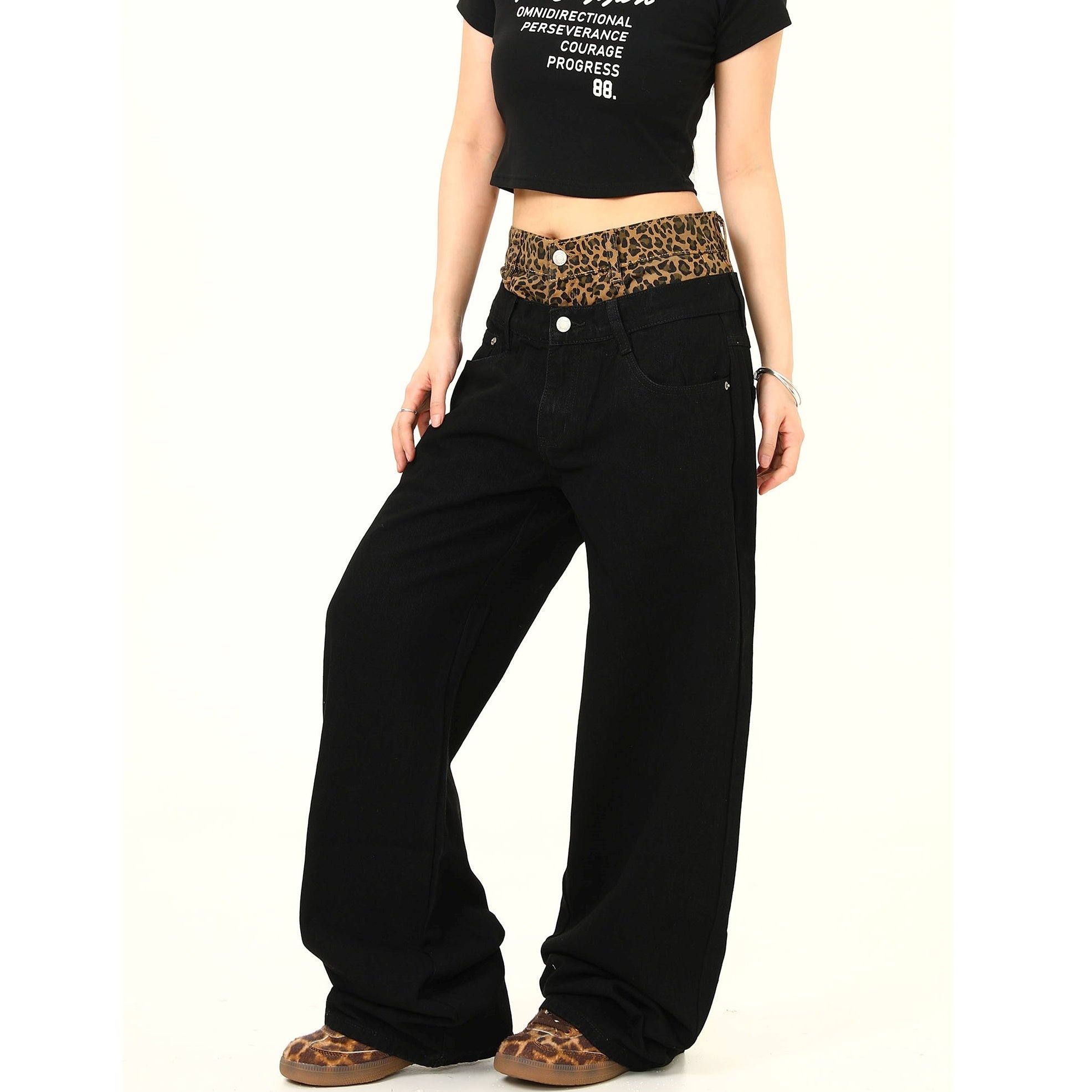 Double Waist Leopard Panel Wide-Leg Jeans MW9278