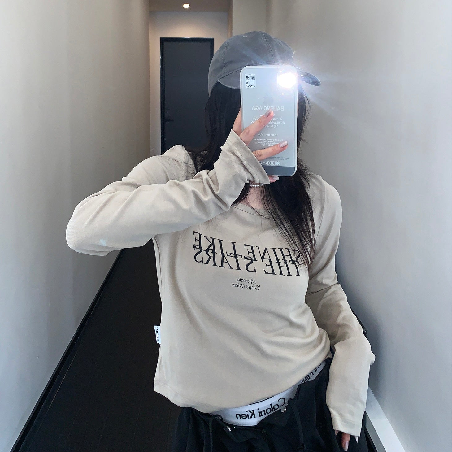 Slim Square Collar Letter Long T-shirt MW9311