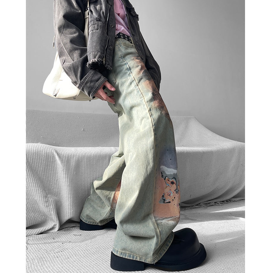 Heavy Industry Face Print Straight Washed Jeans MW9042