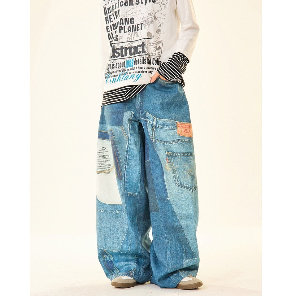 Patch Stitched Print Loose Straight Jeans MW9529