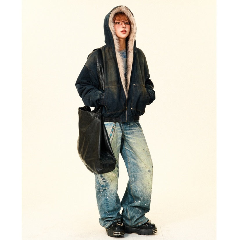 Fluffy Fur Denim Hooded Jacket MW9703