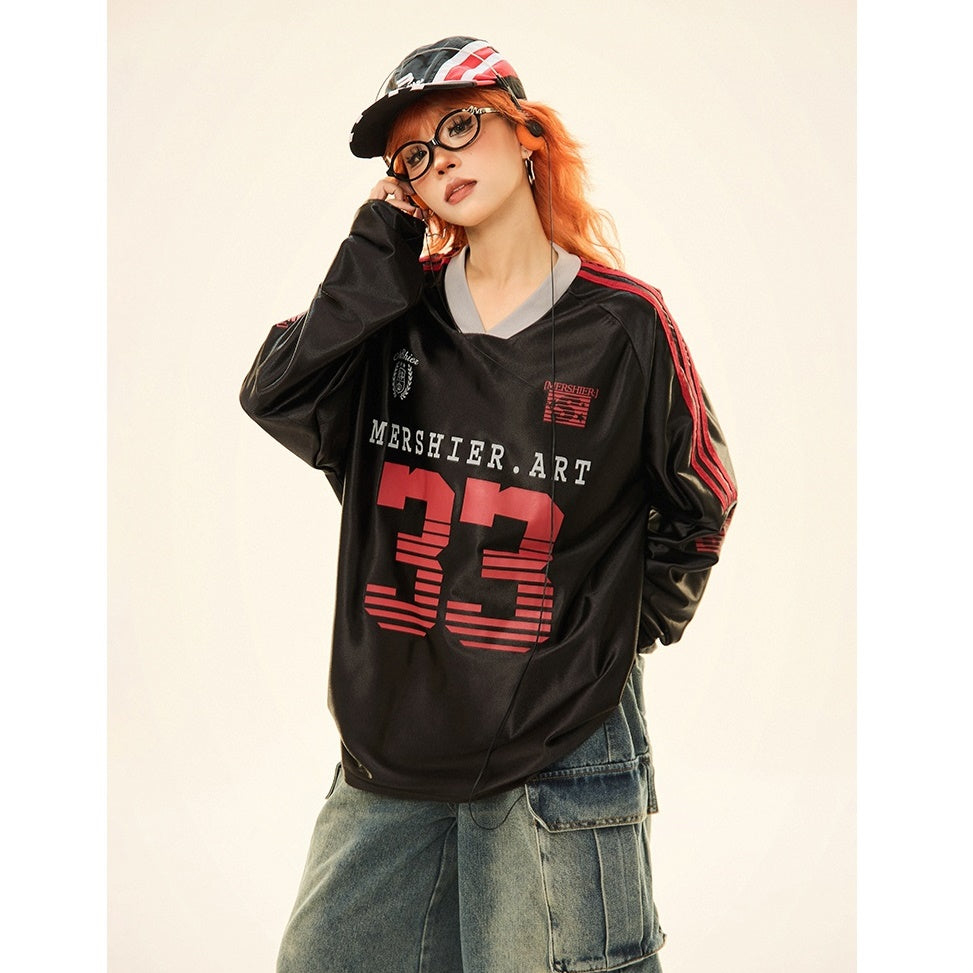 V-neck Sports Style Jersey Long-sleeved T-shirt MW9285