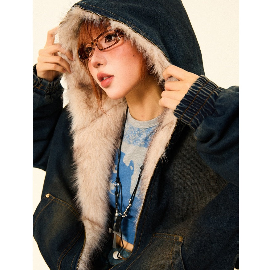 Fluffy Fur Denim Hooded Jacket MW9703