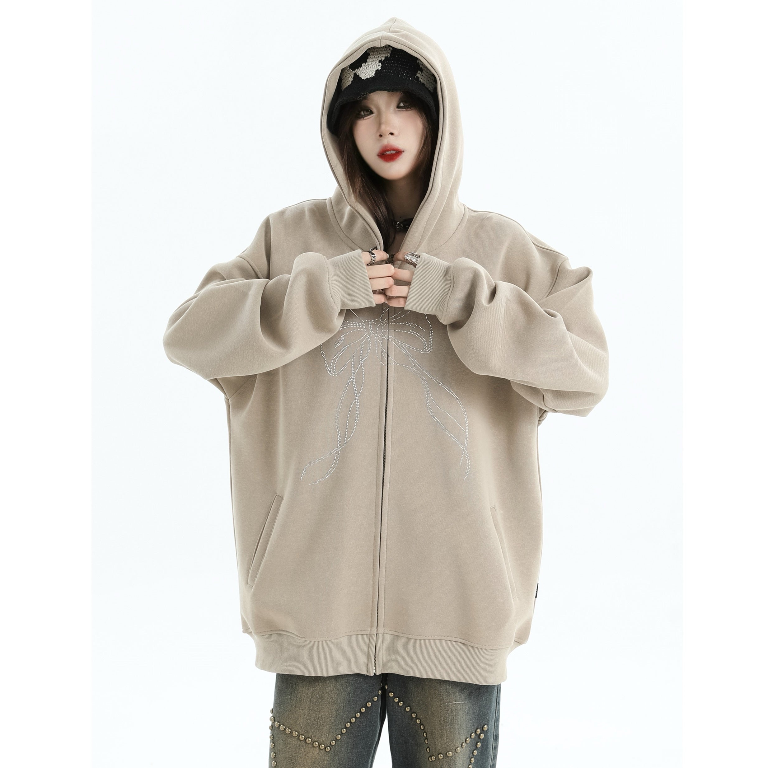 Rhinestone Bow Logo Loose Hooded Zip Parka IN7012