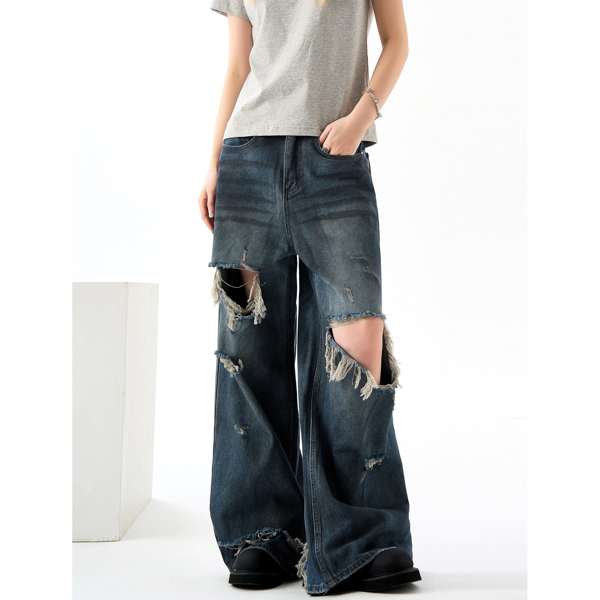 Ripped Street Loose Mop Wide-leg Vintage Jeans HG7171