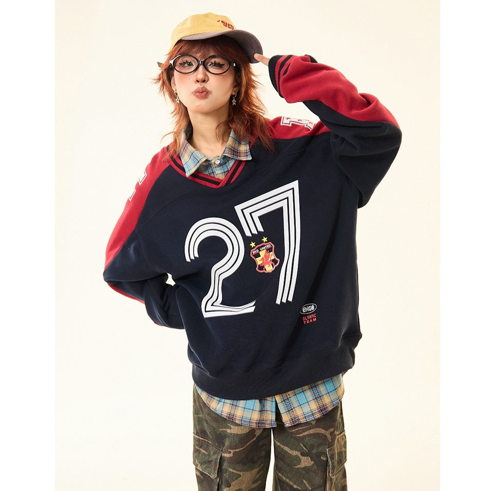 Letter Contrast V-neck Sports Sweat MW9425