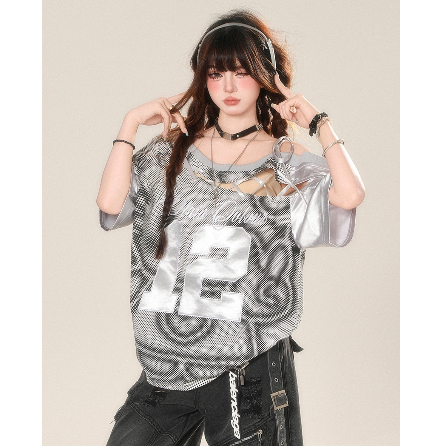 Embroidery Cut-out Lace-up Loose T-Shirt KK2060