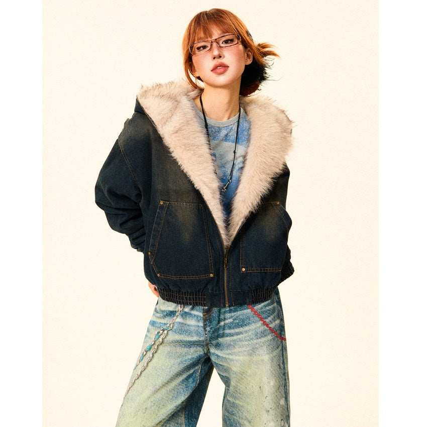 Fluffy Fur Denim Hooded Jacket MW9703