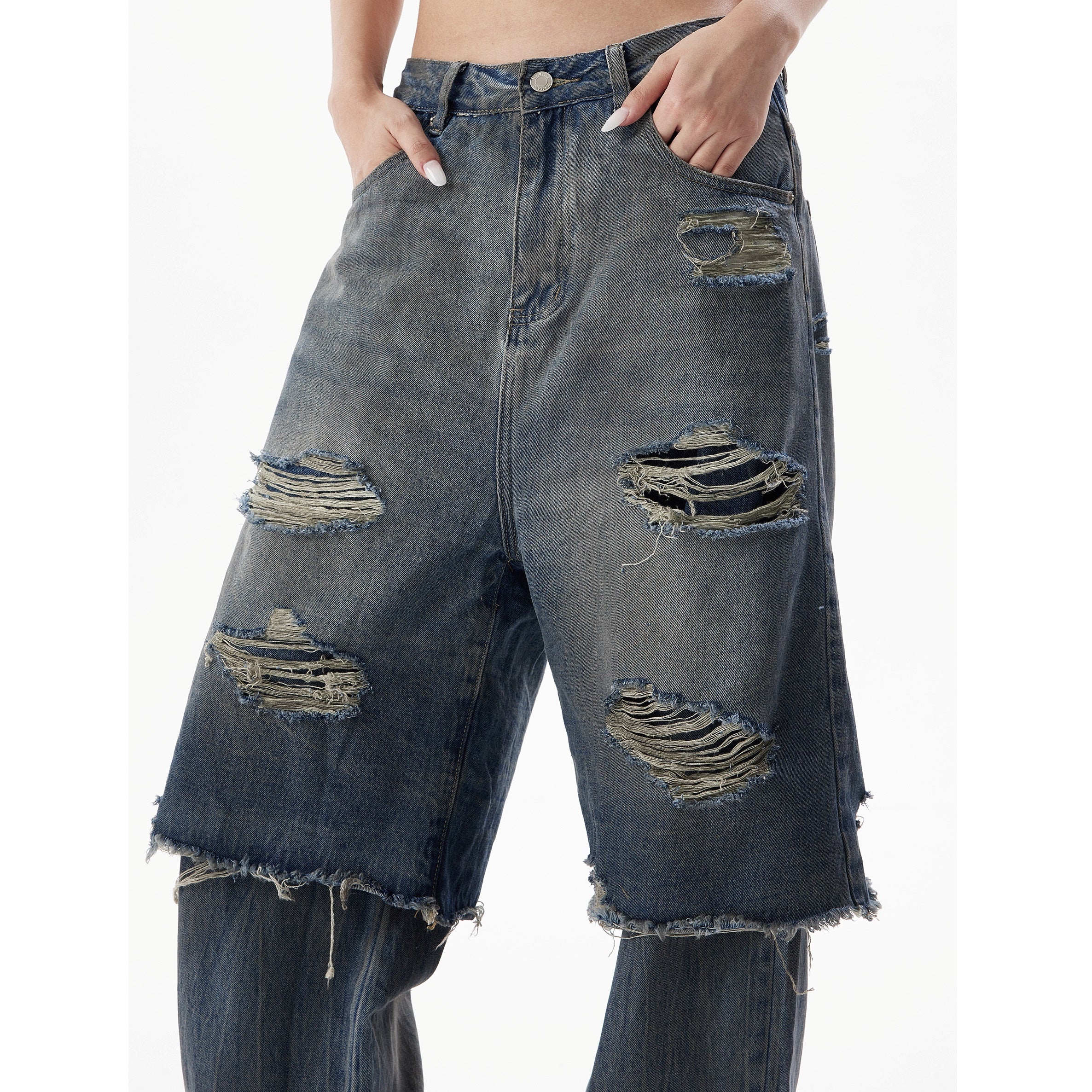 Double Layered Fake Two Pieces Ripped Distressed Jeans HG7177