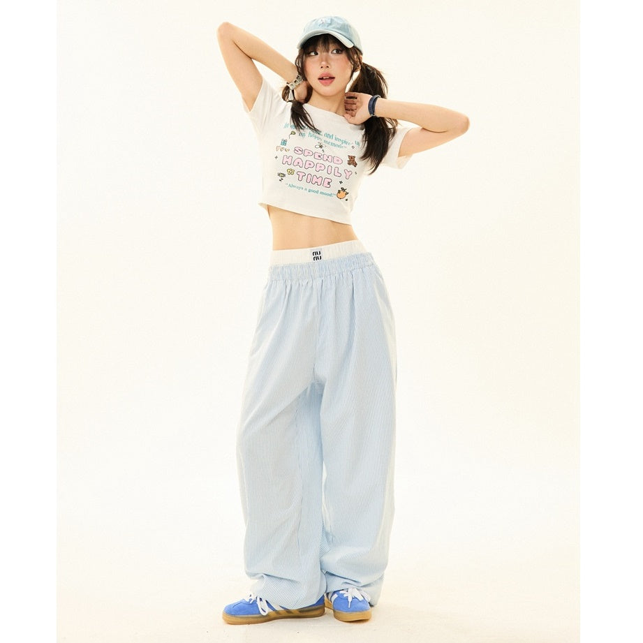 Double Waist Striped Wide-legged Long ＆ Short Pants MW9269