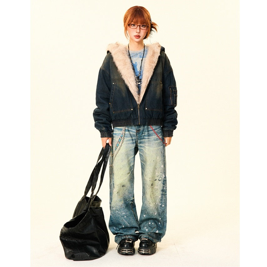 Fluffy Fur Denim Hooded Jacket MW9703