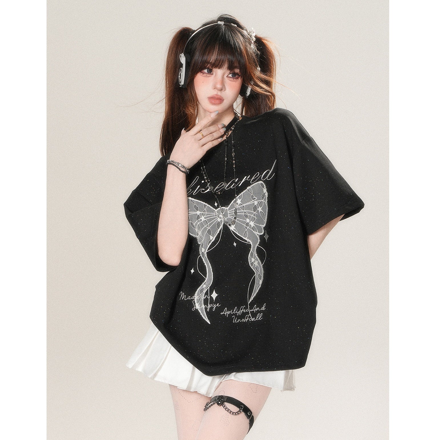 Lace Embroidery Big Ribbon T-Shirt KK2040