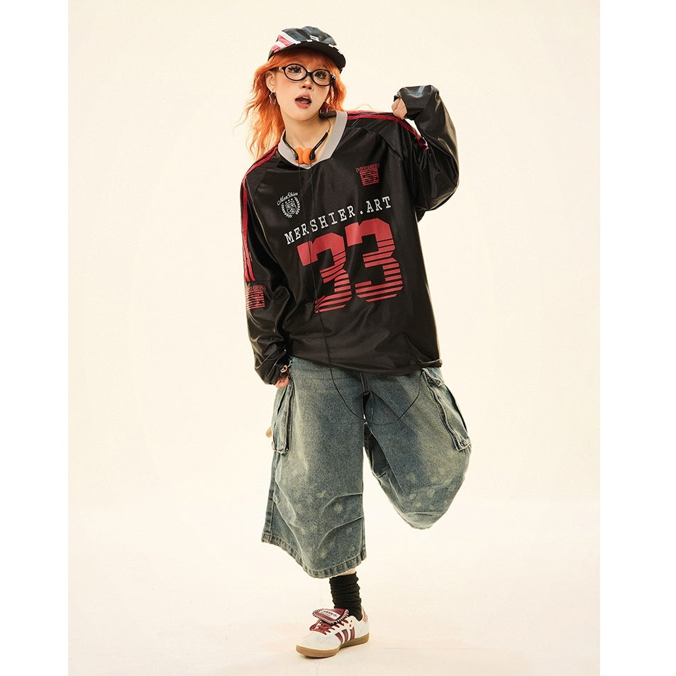 V-neck Sports Style Jersey Long-sleeved T-shirt MW9285