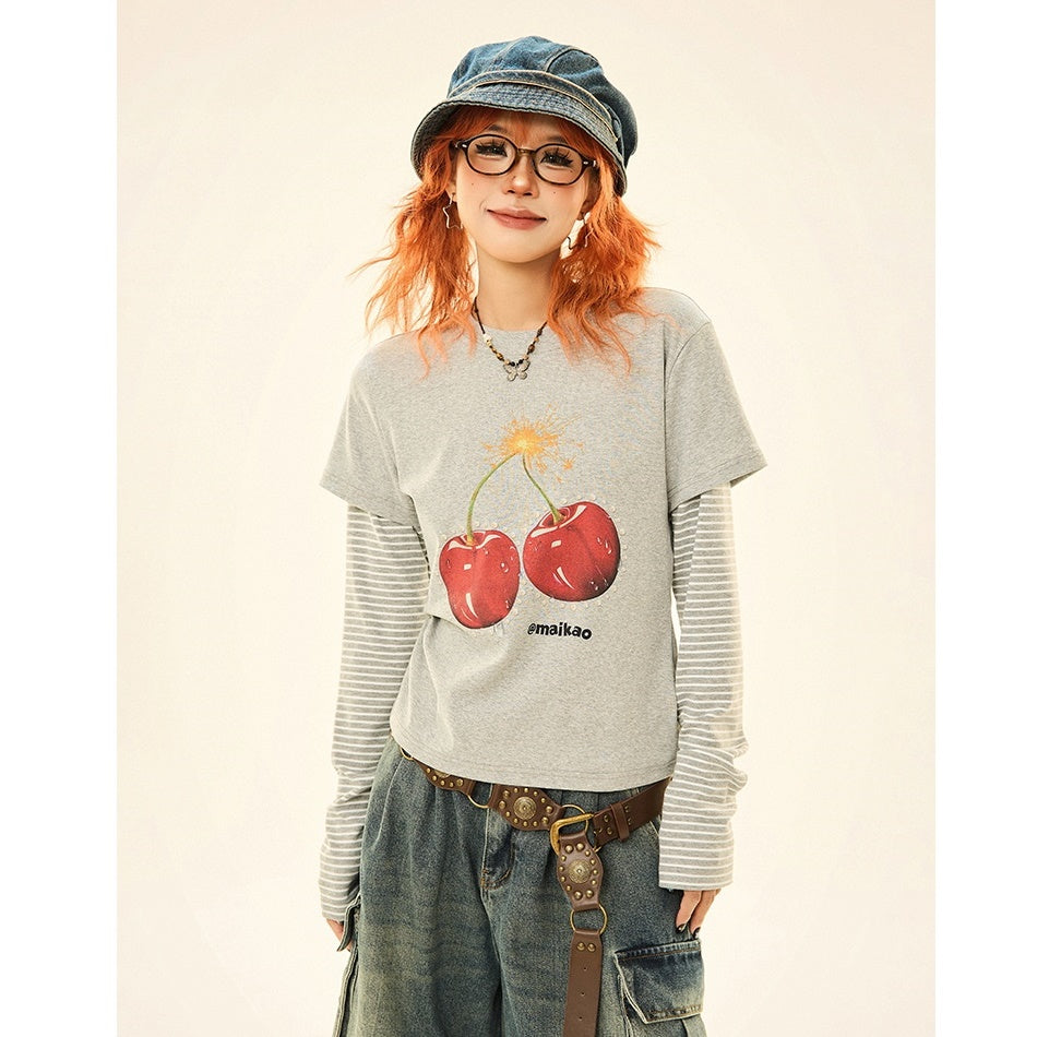 Cherry Print Fake Layered Long Sleeve T-Shirt MW9330