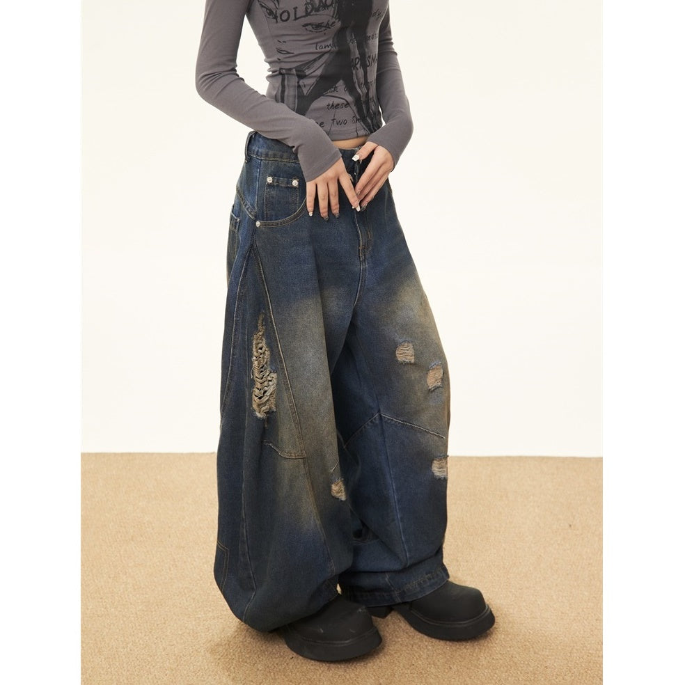 Retro Washed Ripped Stitch Design Wide-leg Jeans MW9207
