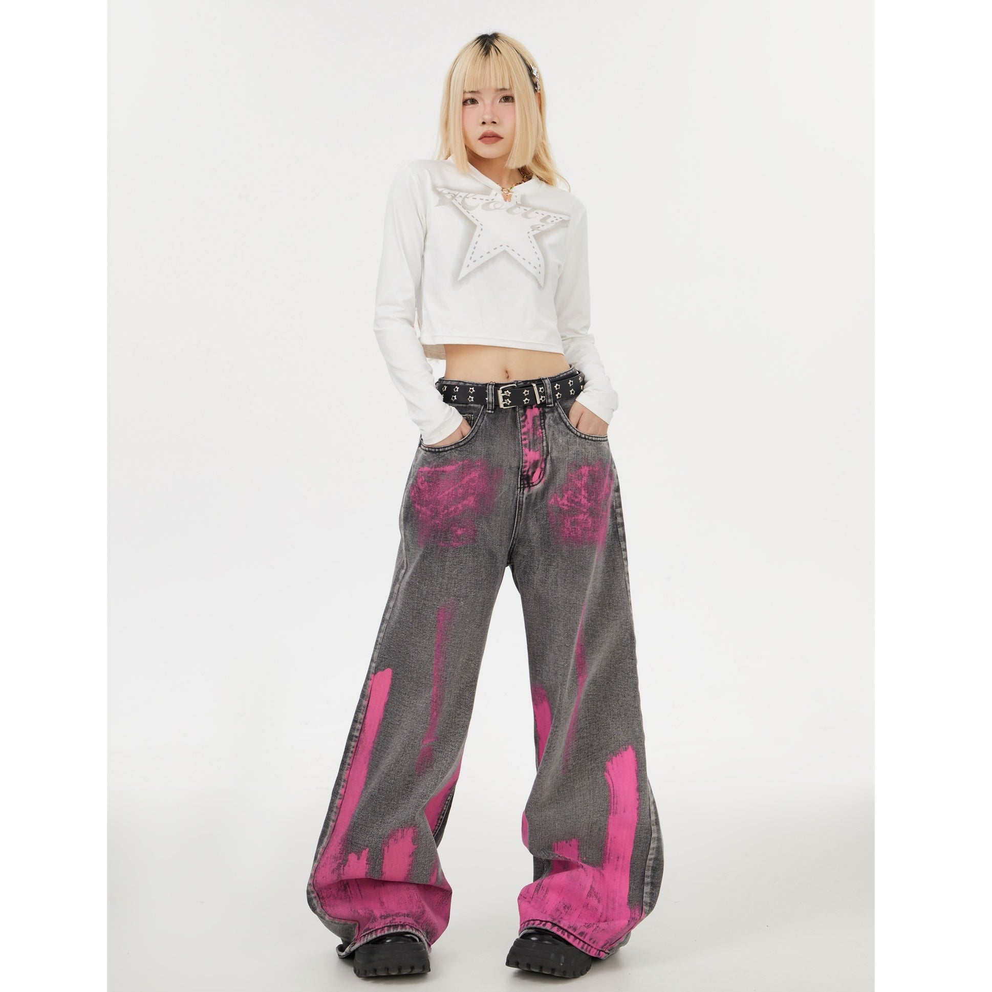 Spray Paint High-waisted Loose Straight Jeans MW9065