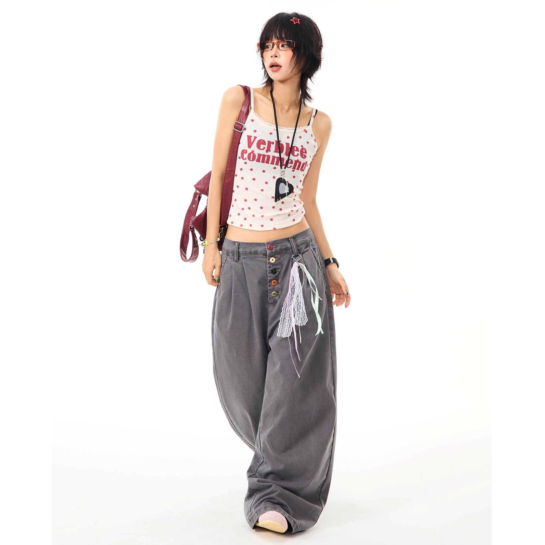 Color Button Wide Straight Pants MW10099