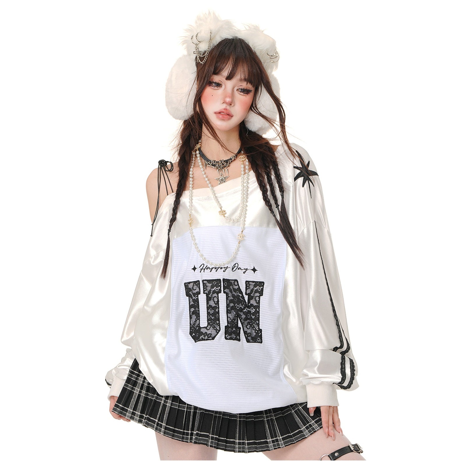 Lace Slanted Shoulder Baseball Style Pullover KK2002