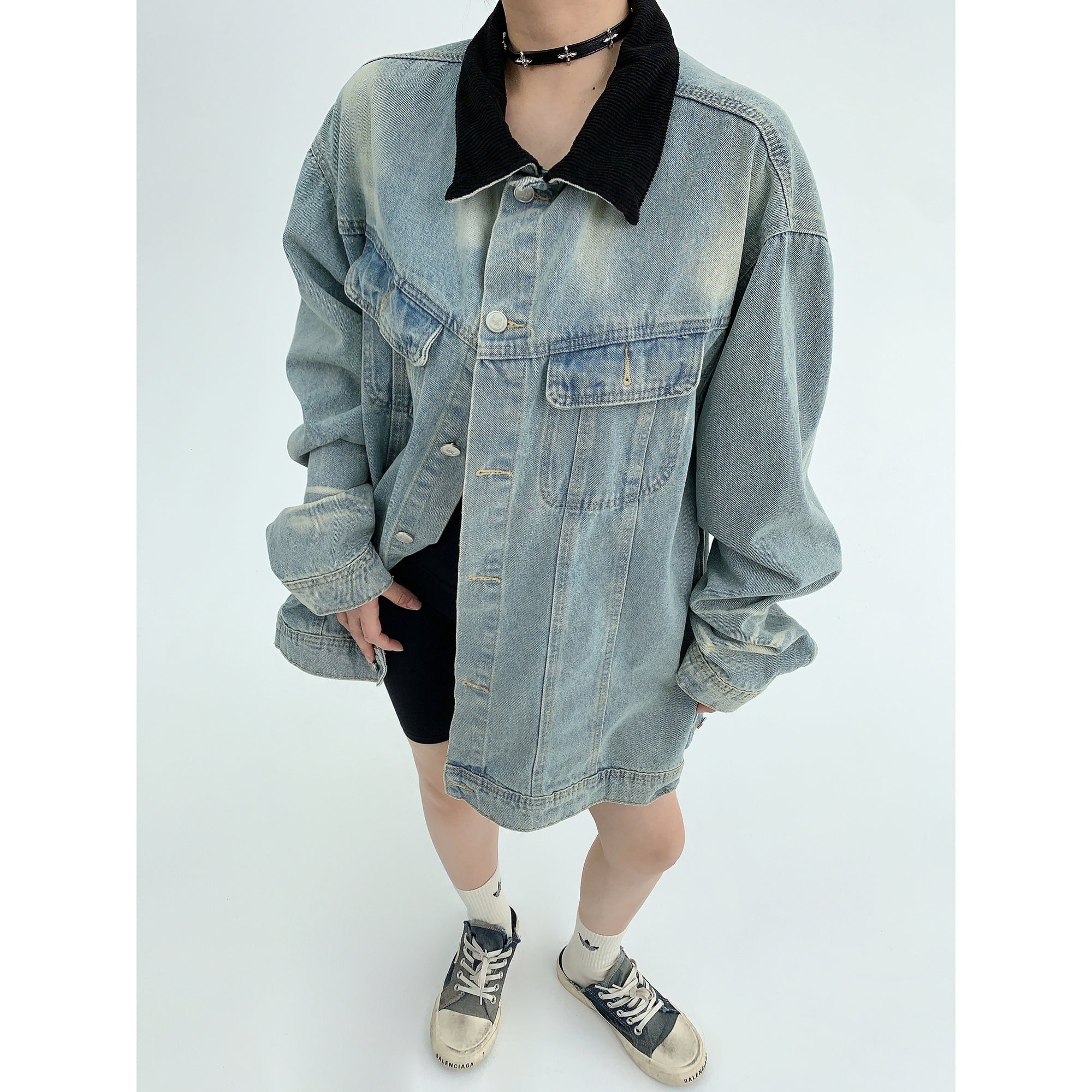 Corduroy Stitched Embroidered Loose Denim Jacket MW9355