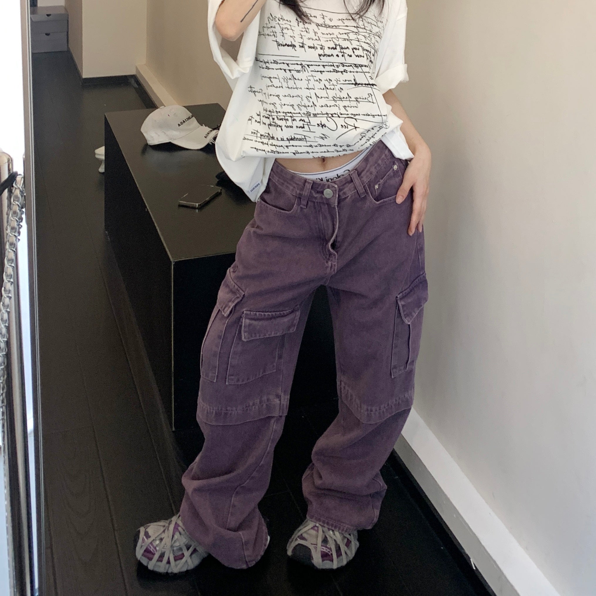 Wash Purple Straight-leg Denim Cargo Pants MW9315