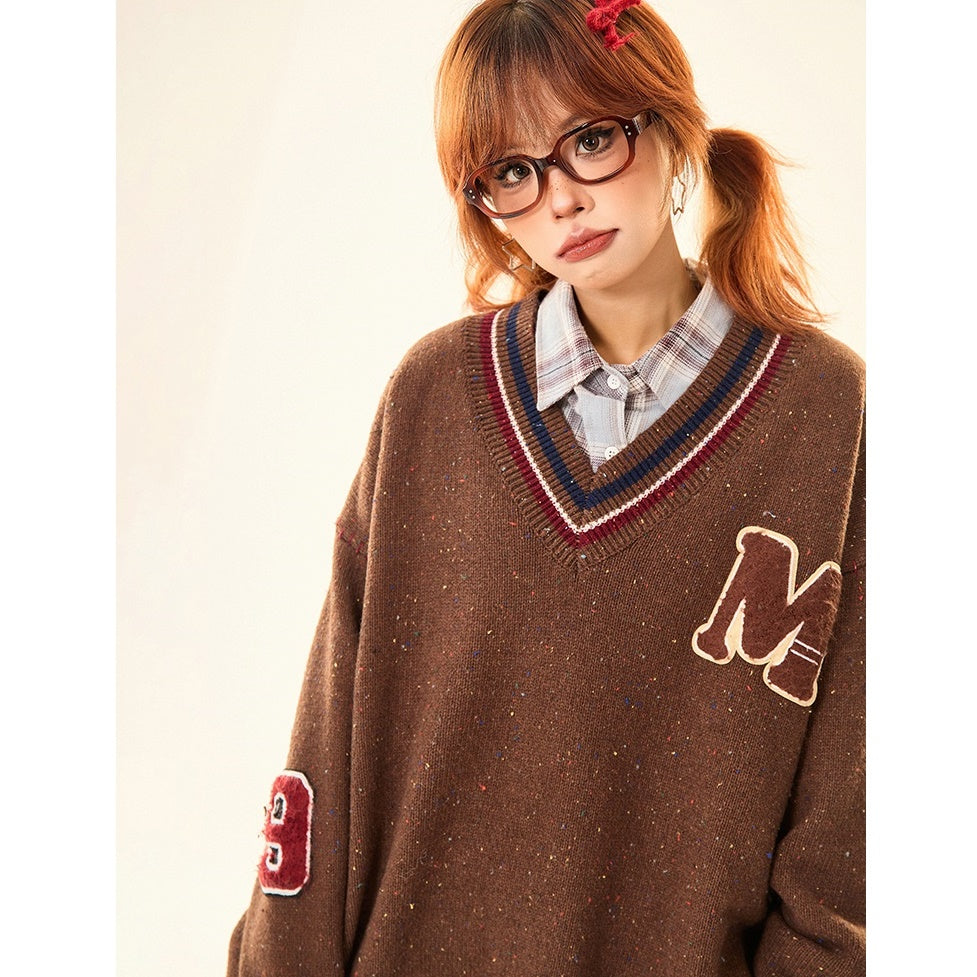 College Style Loose V-neck Sweater MW9530