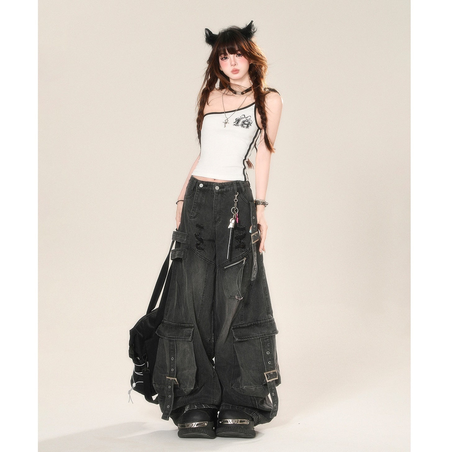 Ripped Wide Buggy Cargo Jeans KK2056