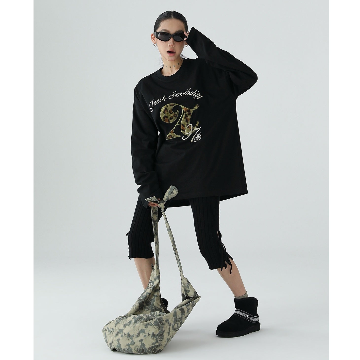 Leopard Flocking Print Long Sleeve T-Shirt AC7076