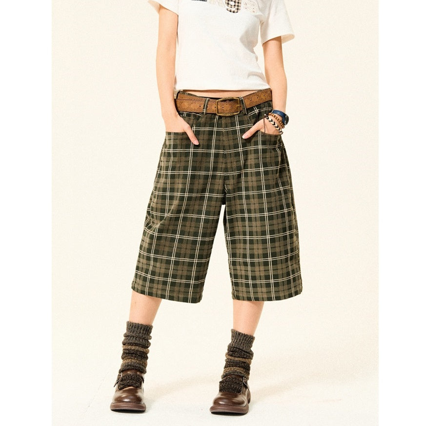 Retro Plaid Straight Leg Loose Cropped Pants YS7011