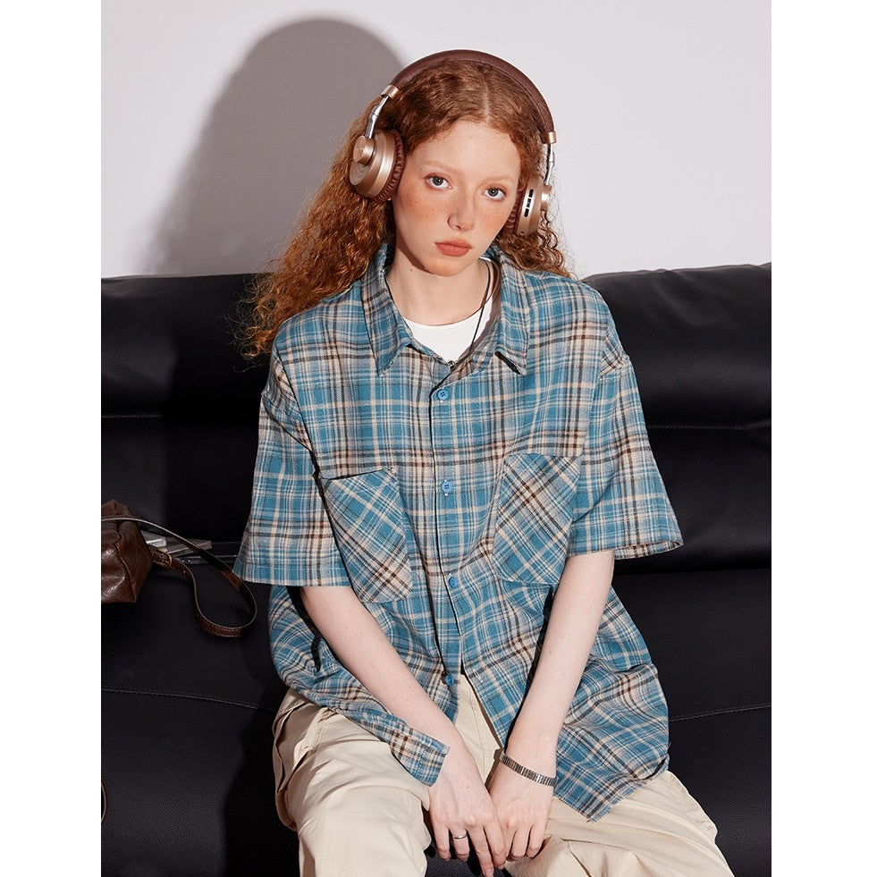 Retro Plaid Double Pocket Short Sleeve Shirt BT7012