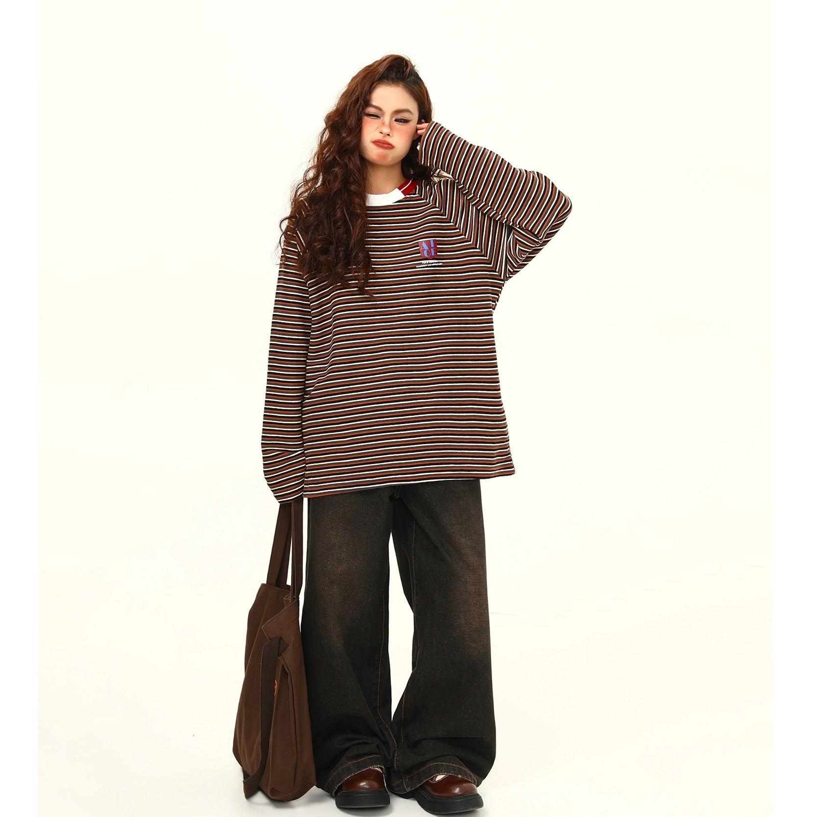 Retro Contrast Border Long Sleeve T-shirt MW9382