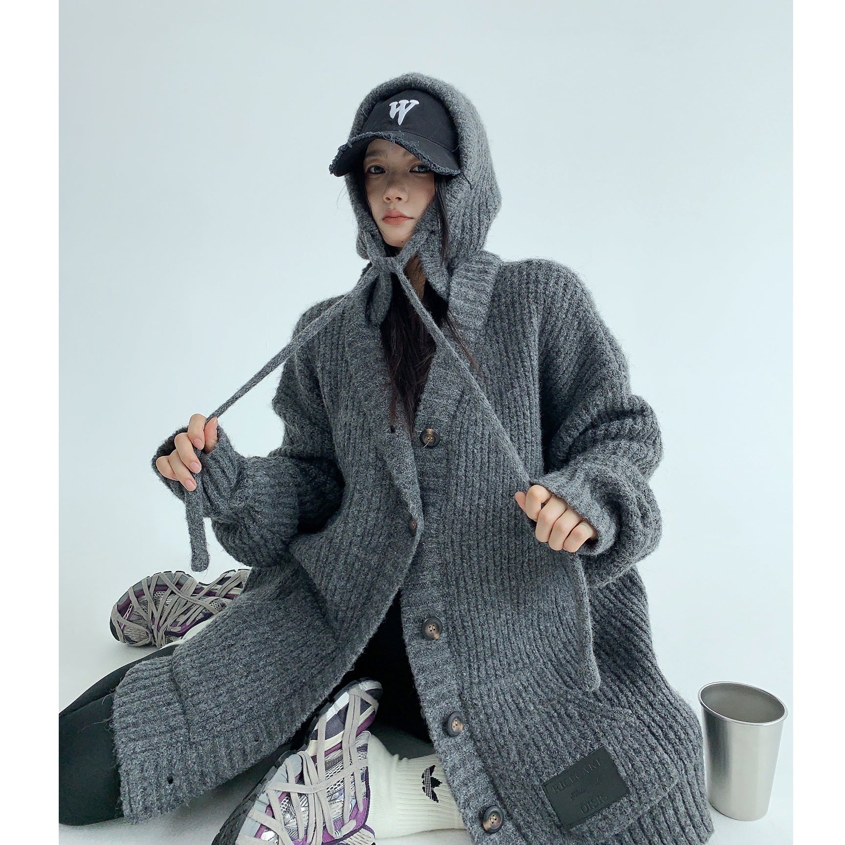 Heavy Industry Coarse Needle Hooded Knitted Jacket MW9512