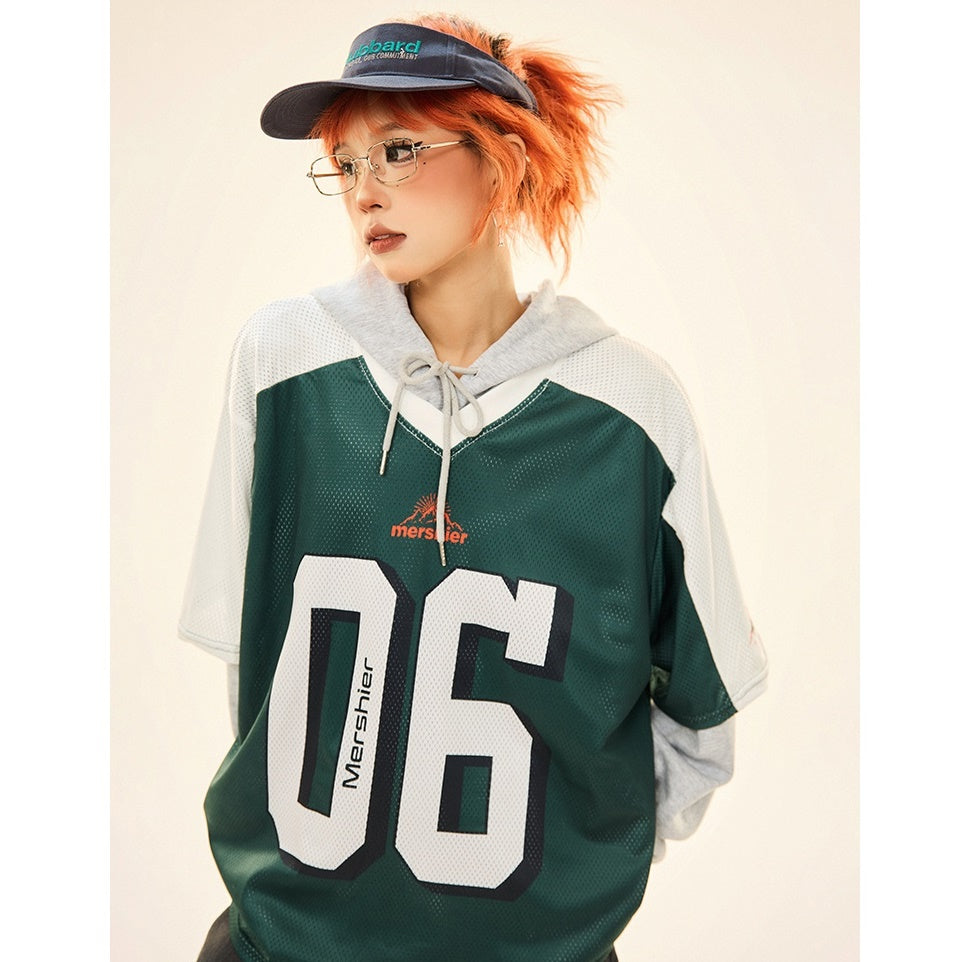 Vintage Fake Layered Sporty Hooded Pullover MW9333