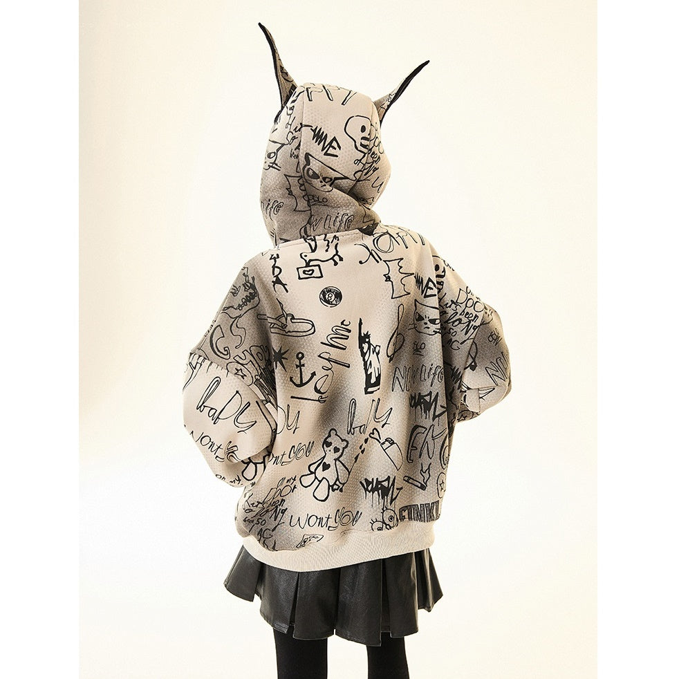 Doberman Ear Hooded Graphic Print Zip-Up Parka MW9701