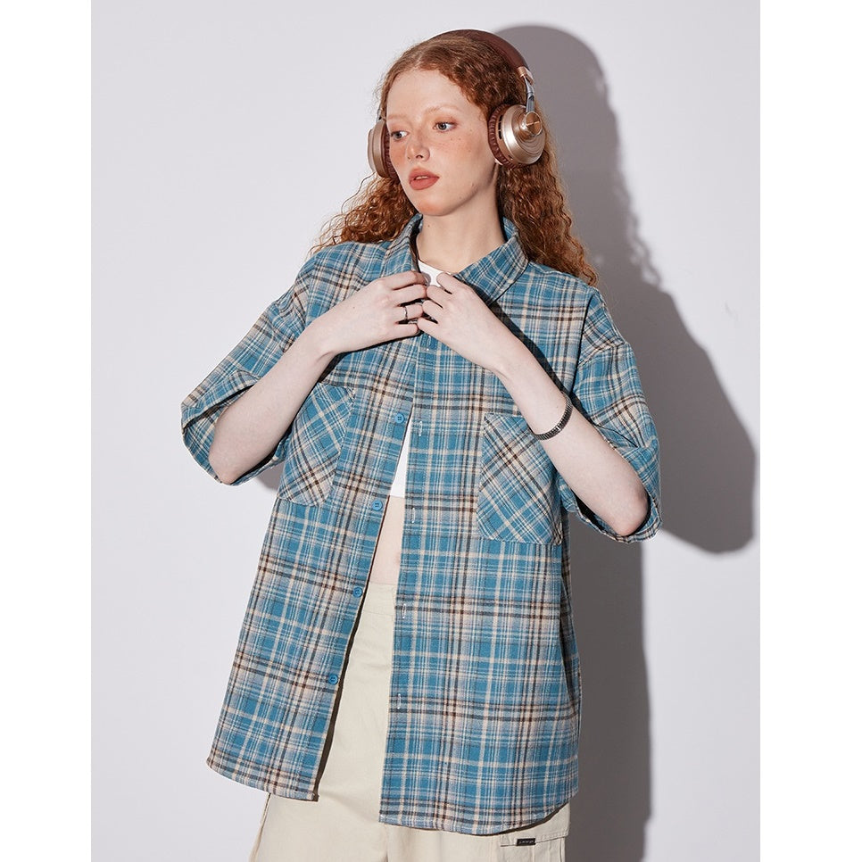 Retro Plaid Double Pocket Short Sleeve Shirt BT7012