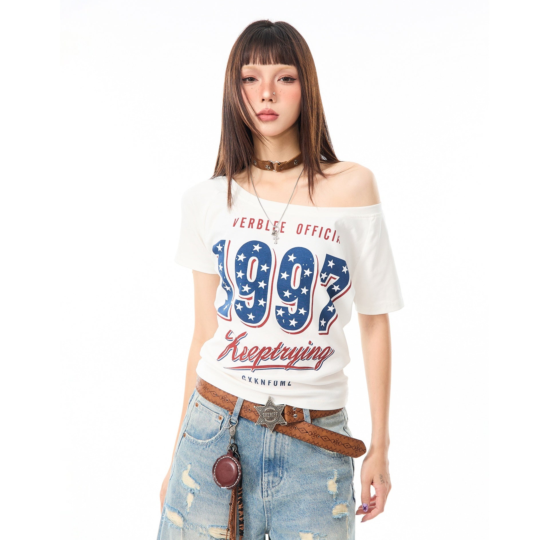 American Star Print Slanted Shoulder T-shirt MW10096