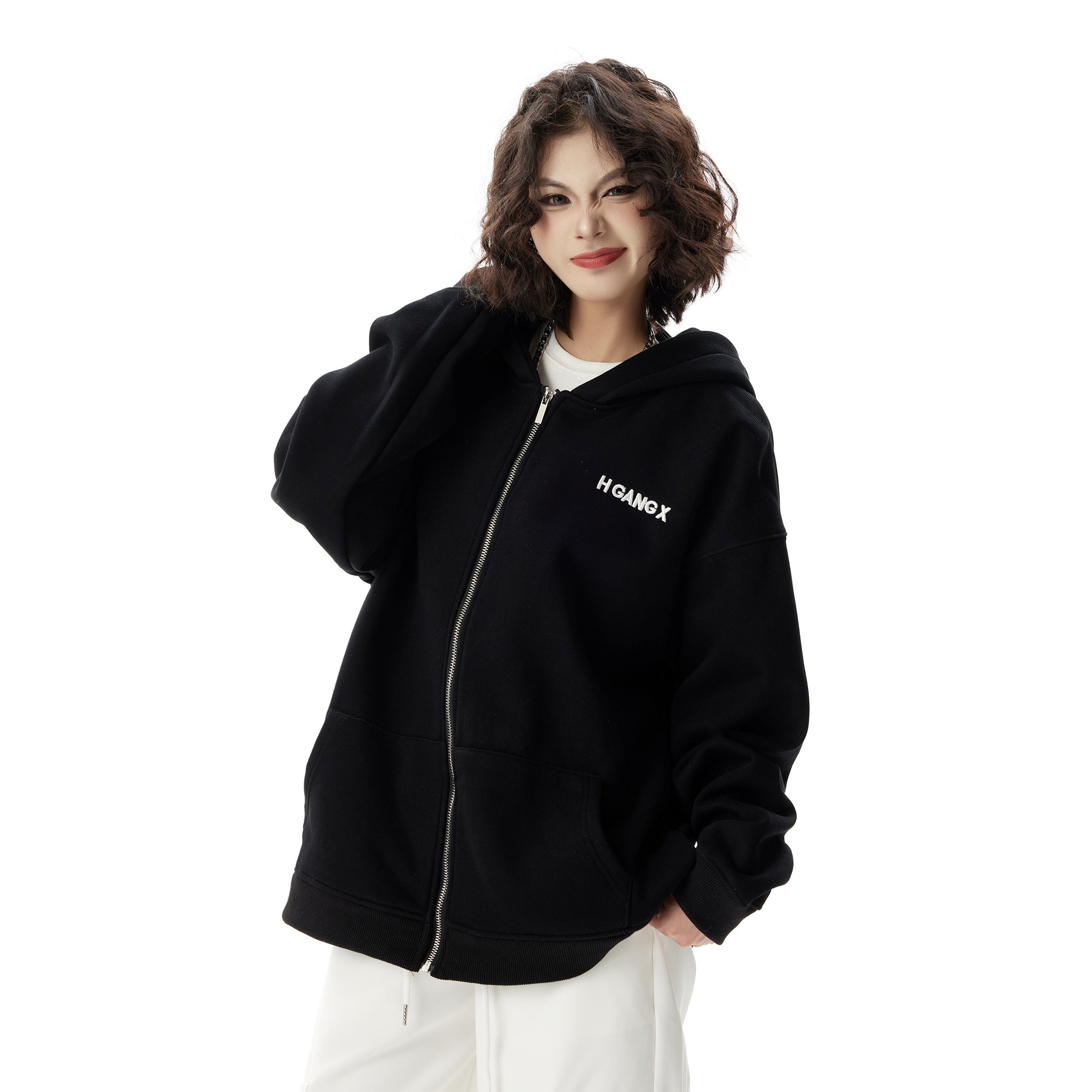 Simple Embroidered ZIP-Up Hooded Parka HG7181