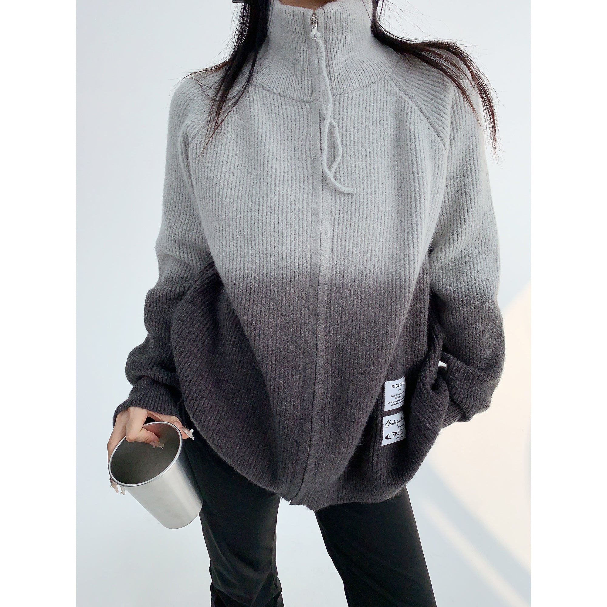 Distressed Gradient HighNeck Knitted Zip Jacket MW9545