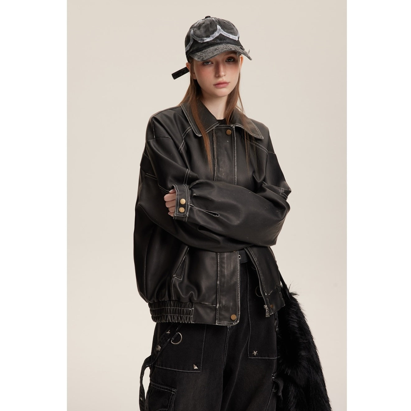 Loose Motorcycle Stitch PU Leather Jacket MW9579