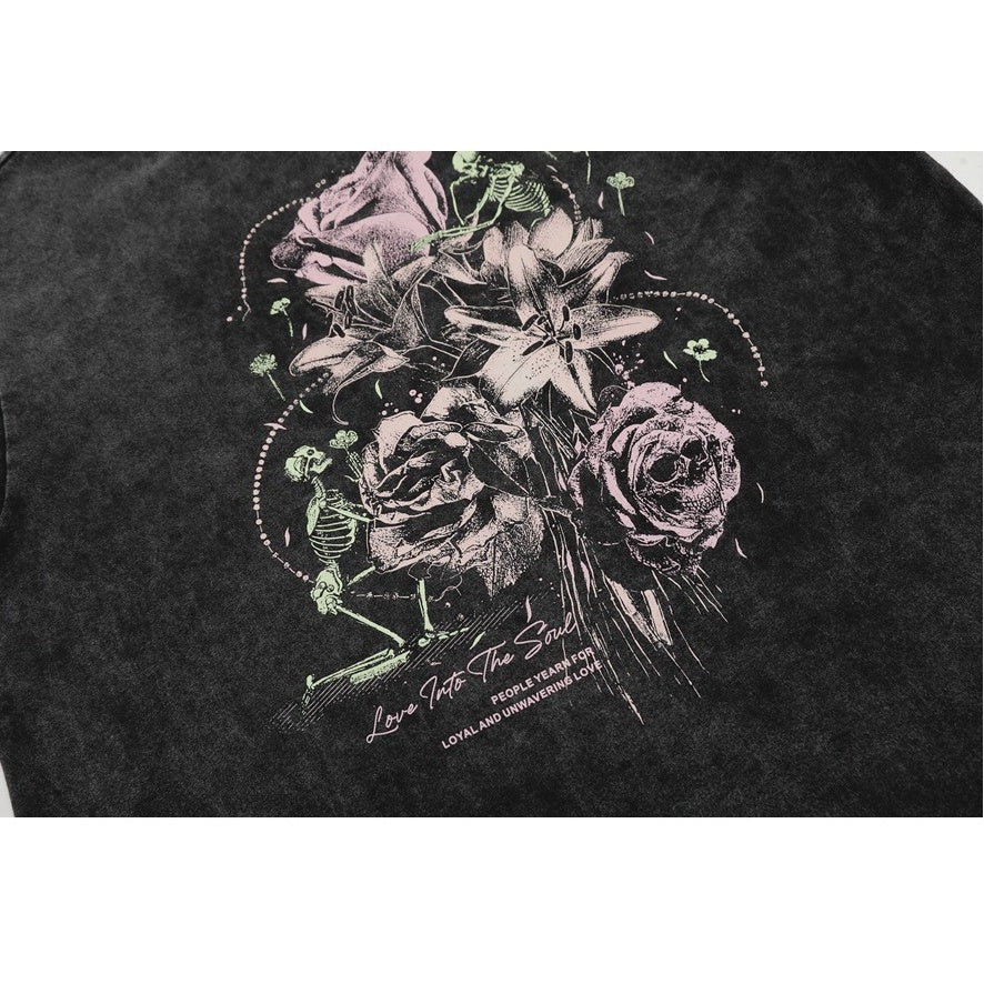 Skull Rose Print Wash Loose T-shirt MW9951