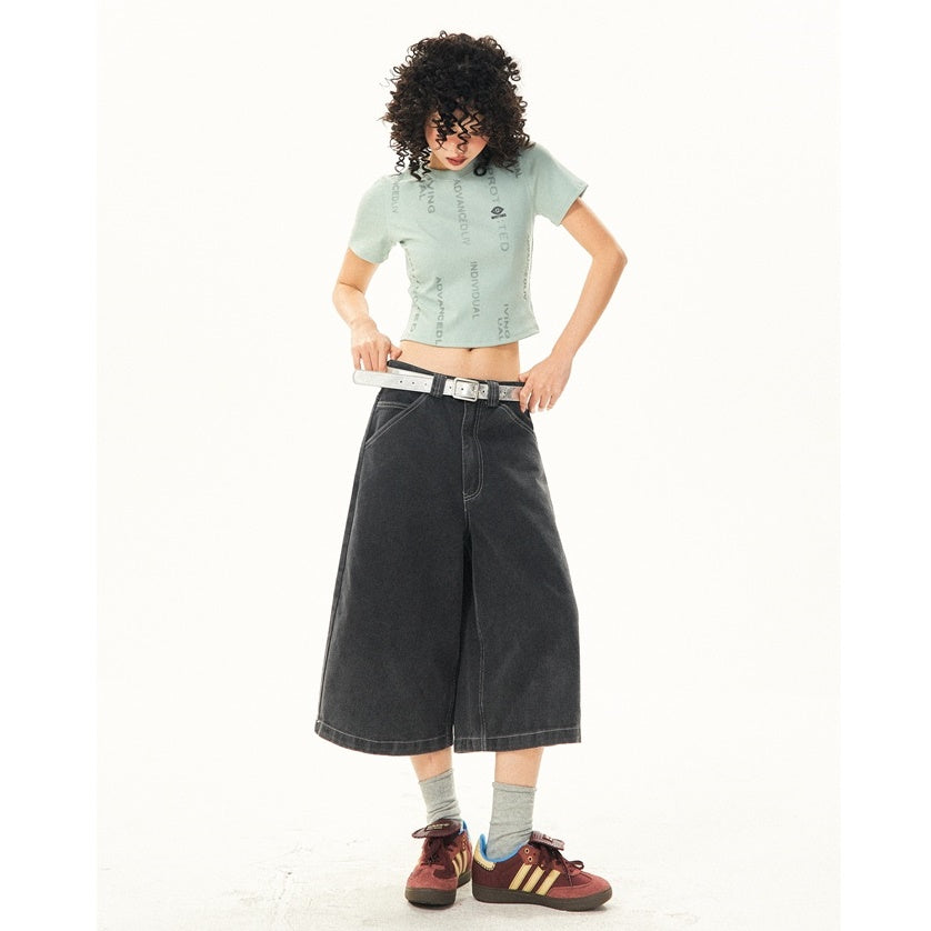 Washed Denim Stitch Design Cropped Pants YS7012