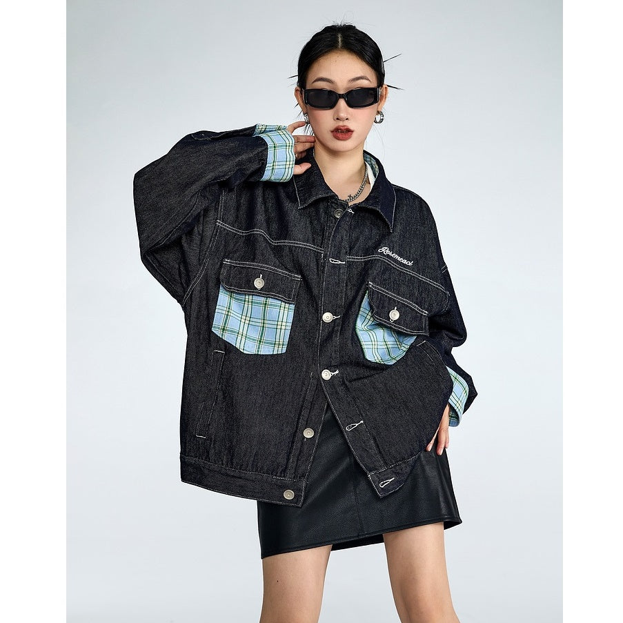 Plaid Patchwork Loose Denim Jacket MW9317