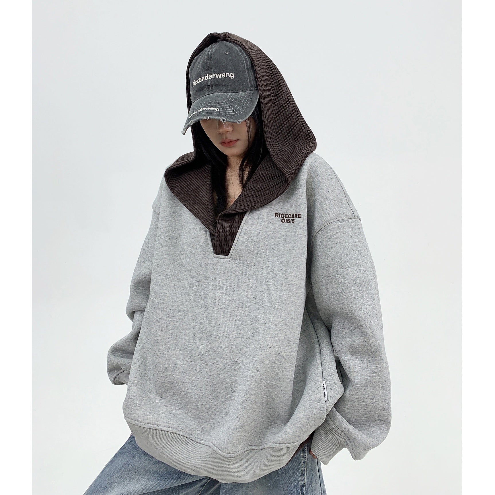 Knit Hooded Stitching Sweat Pullover MW9842